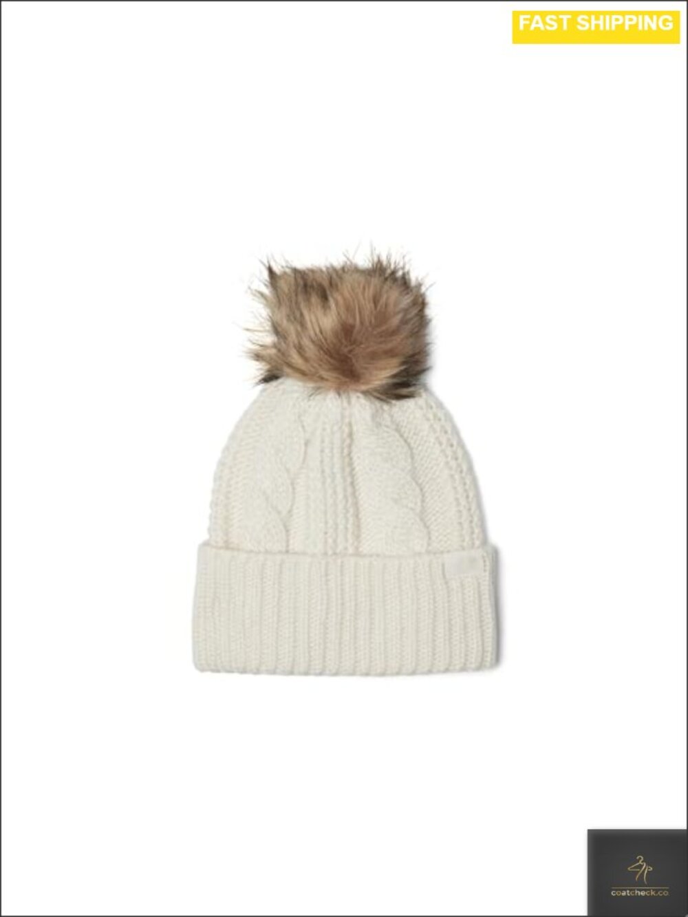 Oversized Faux-Fur Pom Cuffed Cable Knit Winter Beanie Hat